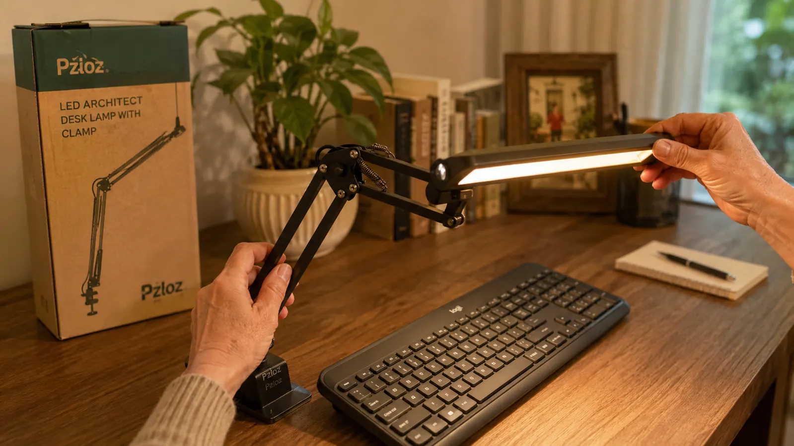 Hand adjusting the flexible arm of a clamp desk lamp to direct light precisely over a keyboard