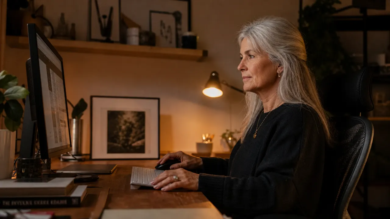 Person working calmly at a well-lit desk in the evening, no glare on screen, relaxed posture