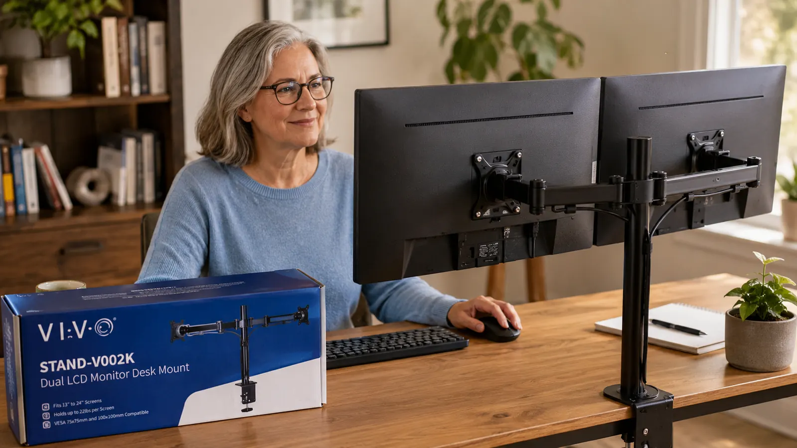 VIVO dual monitor stand holding two screens at the same height, cables routed neatly through the stand post