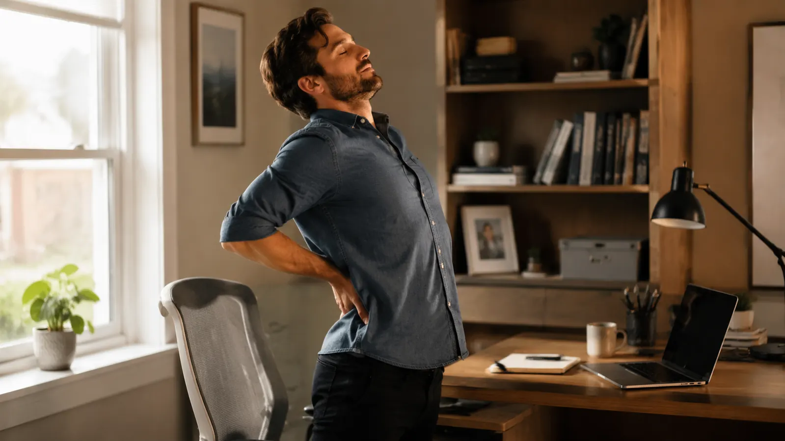 Person standing and stretching beside their mesh chair at a tidy home office desk at end of workday