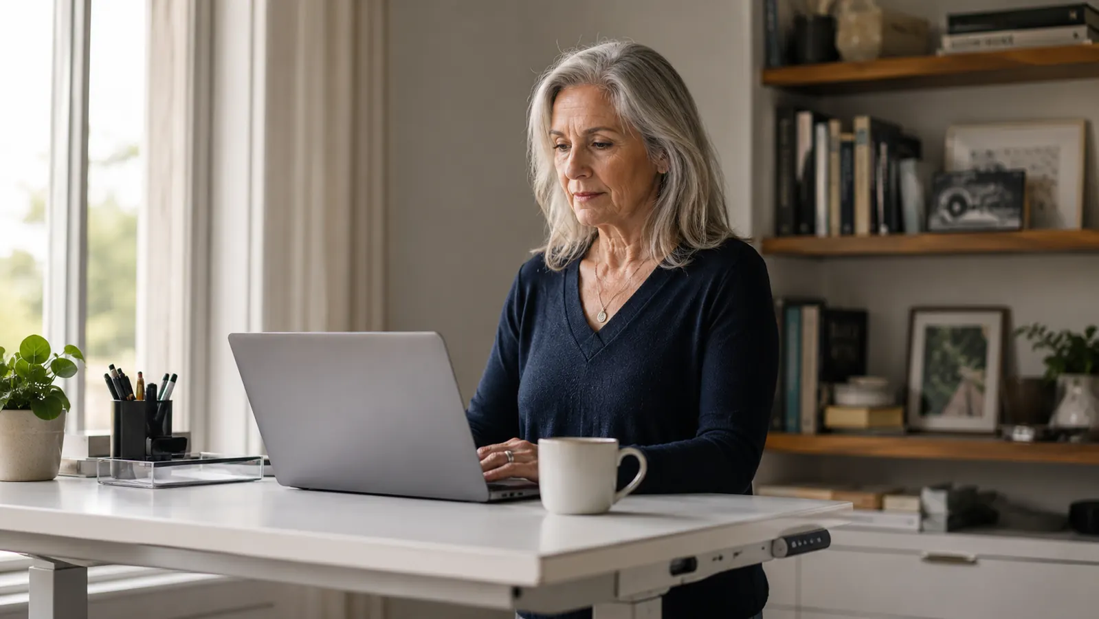 Person standing at a raised desk, good posture, working on a laptop, natural light from the left