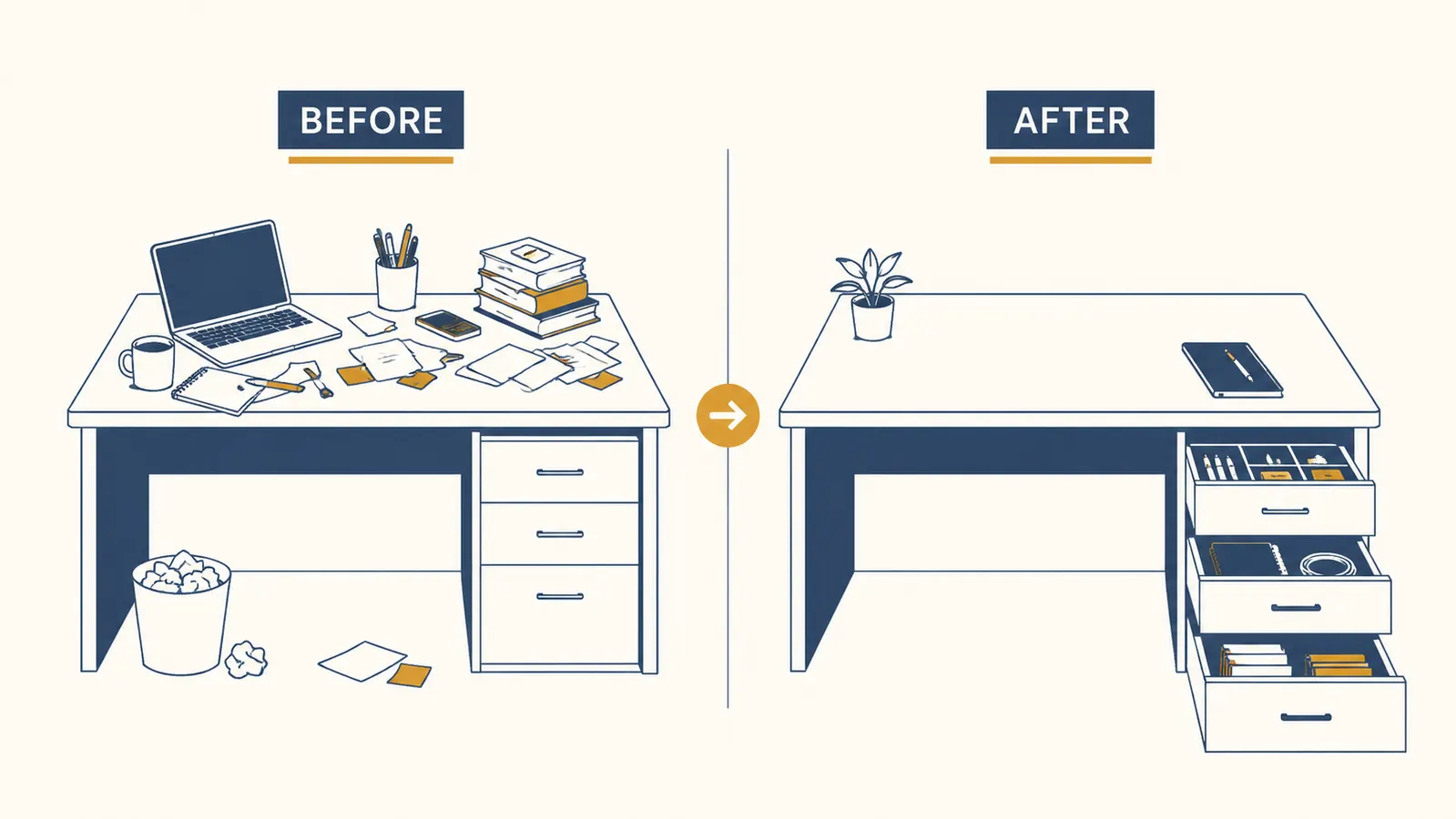 Before and after comparison showing a cluttered desk surface versus a tidy desk with under-drawer storage