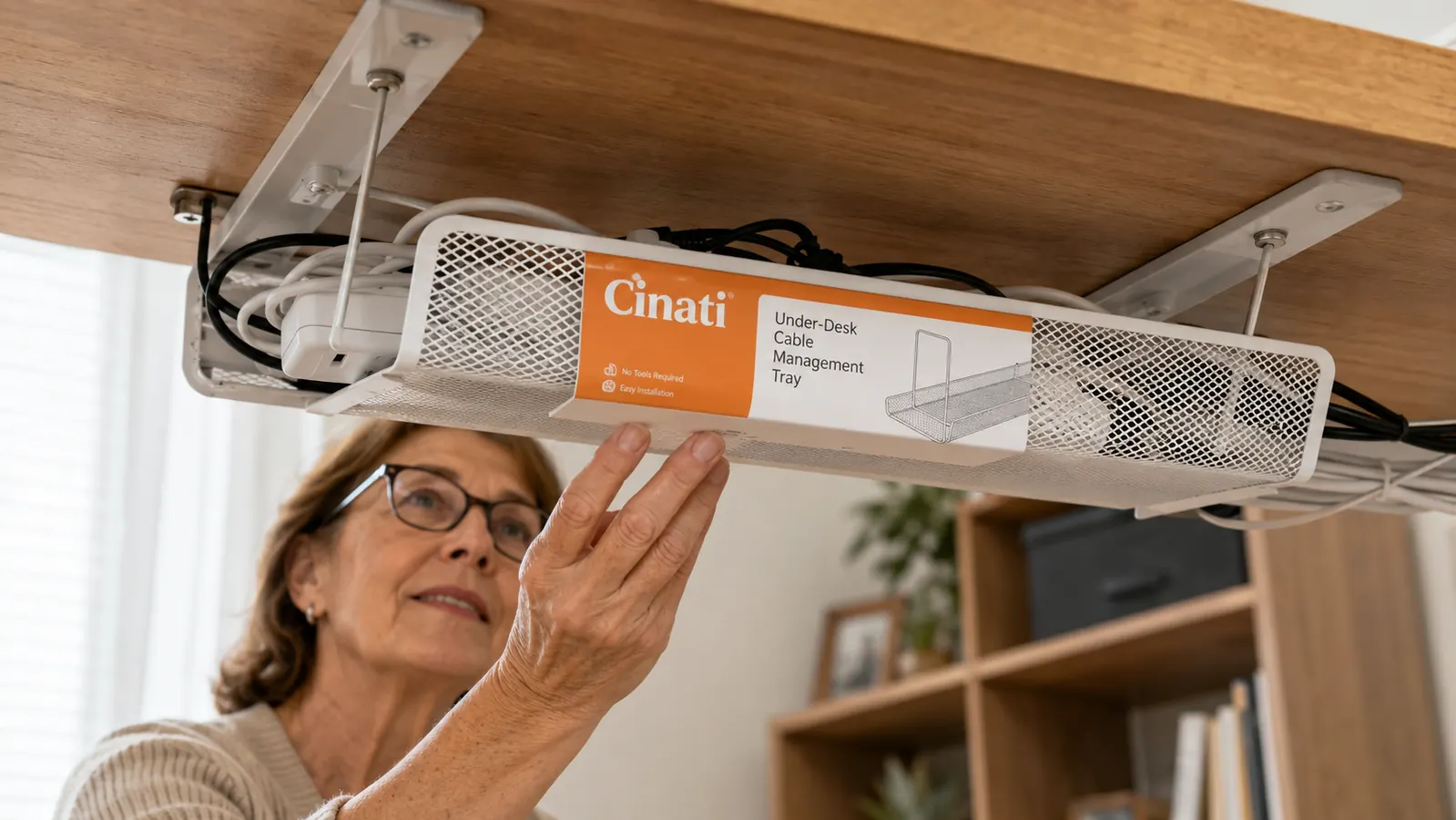 Cinati cable tray from underneath showing a power strip and bundled cords resting in the mesh basket