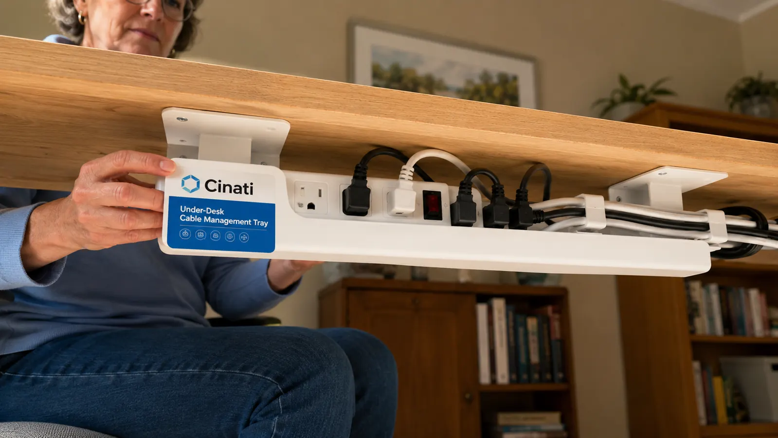 Underside view of desk showing a white cable tray holding a power strip and several bundled cables