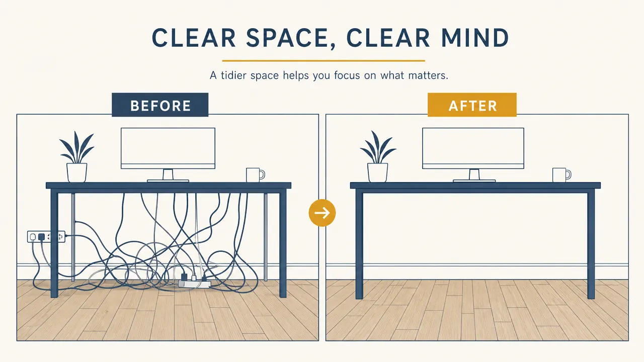 Before and after side-by-side of a desk corner, left side showing loose tangled cables on the floor, right side showing clean floor after cable tray installation