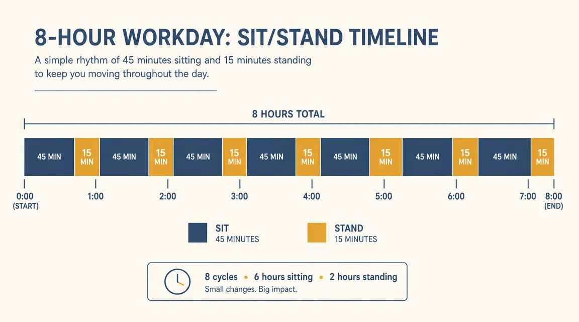 Chart showing a sit-stand rotation schedule across an 8-hour workday with time blocks labeled sitting and standing