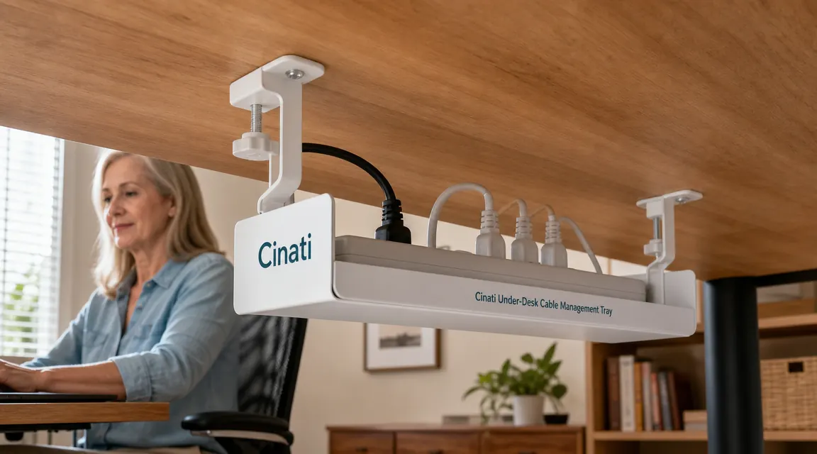 Under-desk view showing a fully loaded white cable tray hiding a power strip and multiple cords