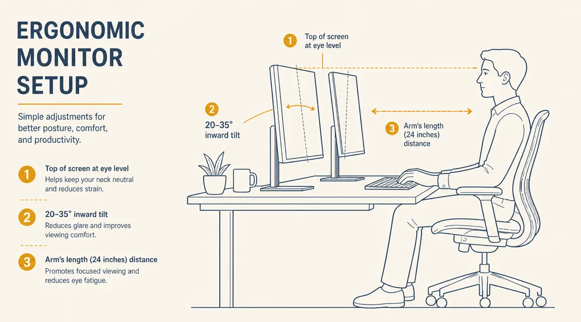 Diagram showing the correct ergonomic dual monitor positioning: top of both screens at eye level, screens angled 20 to 35 degrees inward, seated person at arm's length distance