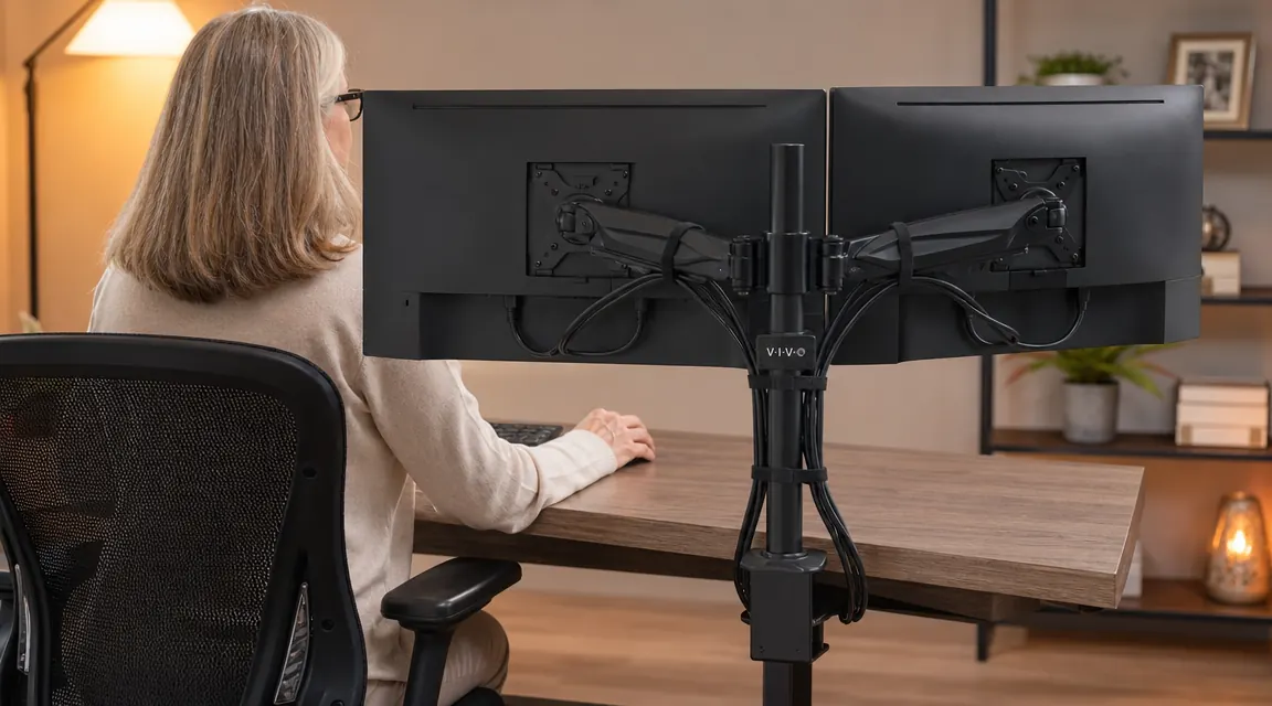 Cables neatly routed along the arms of a dual monitor mount, gathered with velcro ties, view from behind the monitors showing a tidy cable path down to the desk