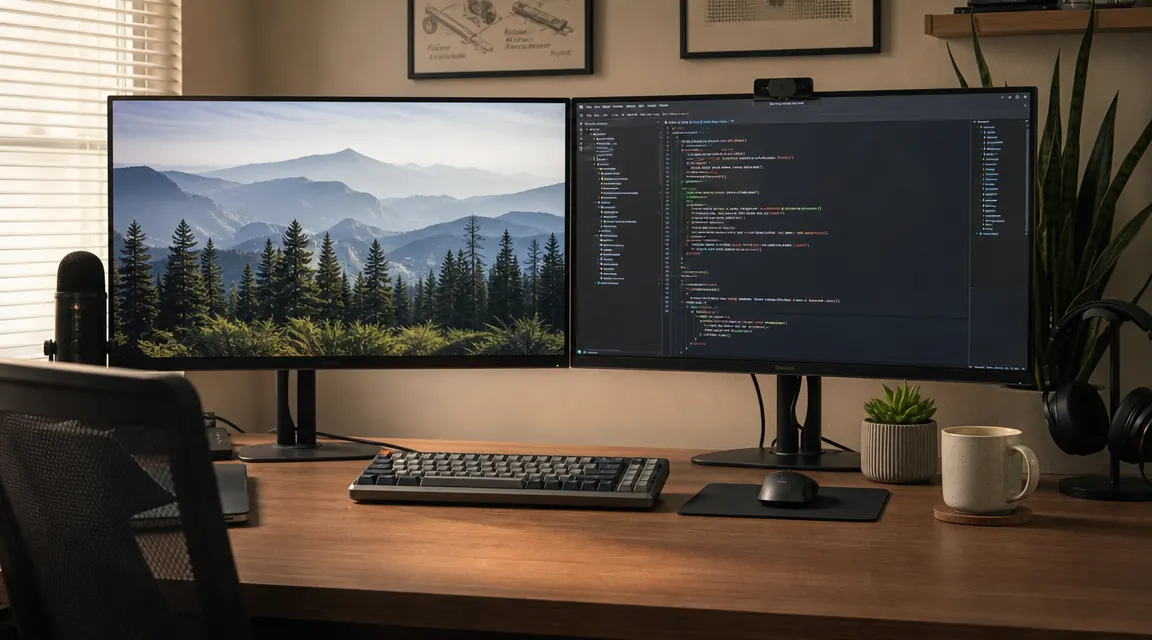 A home office corner showing the final dual monitor setup from the user's perspective, two monitors side by side at eye level, keyboard centered, a mug of tea to the right, peaceful and tidy
