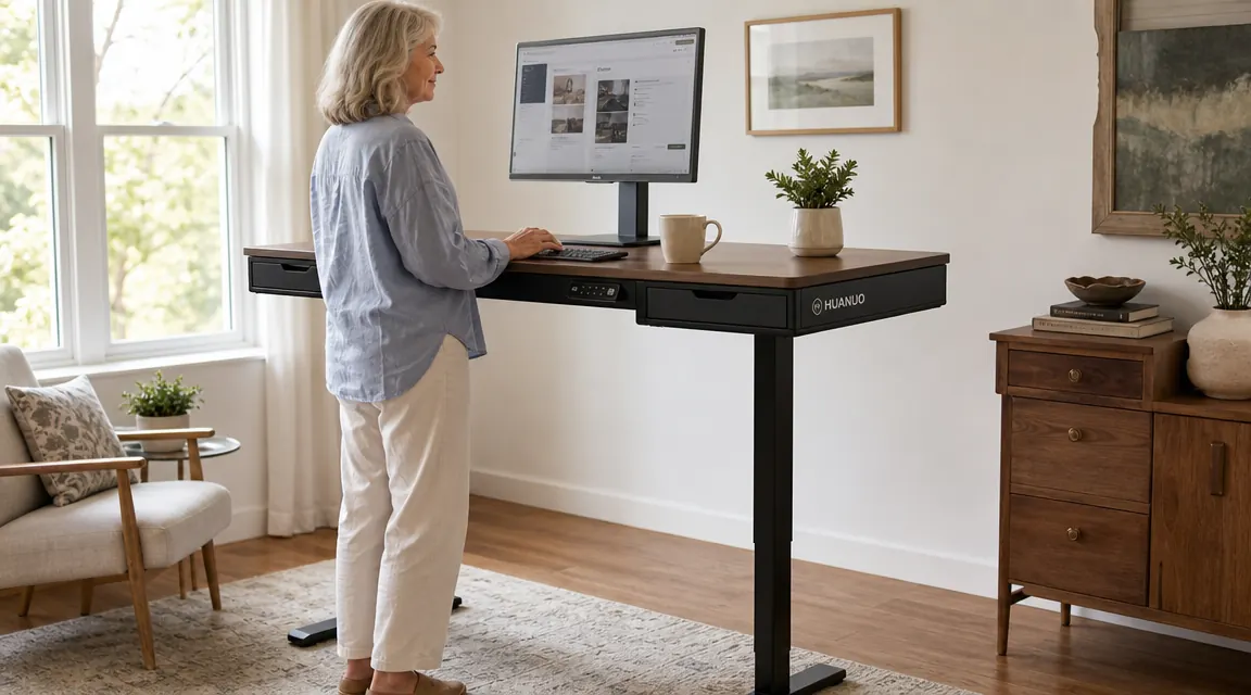 HUANUO standing desk with two built-in drawers, standing at full height, clean surface with a monitor and keyboard