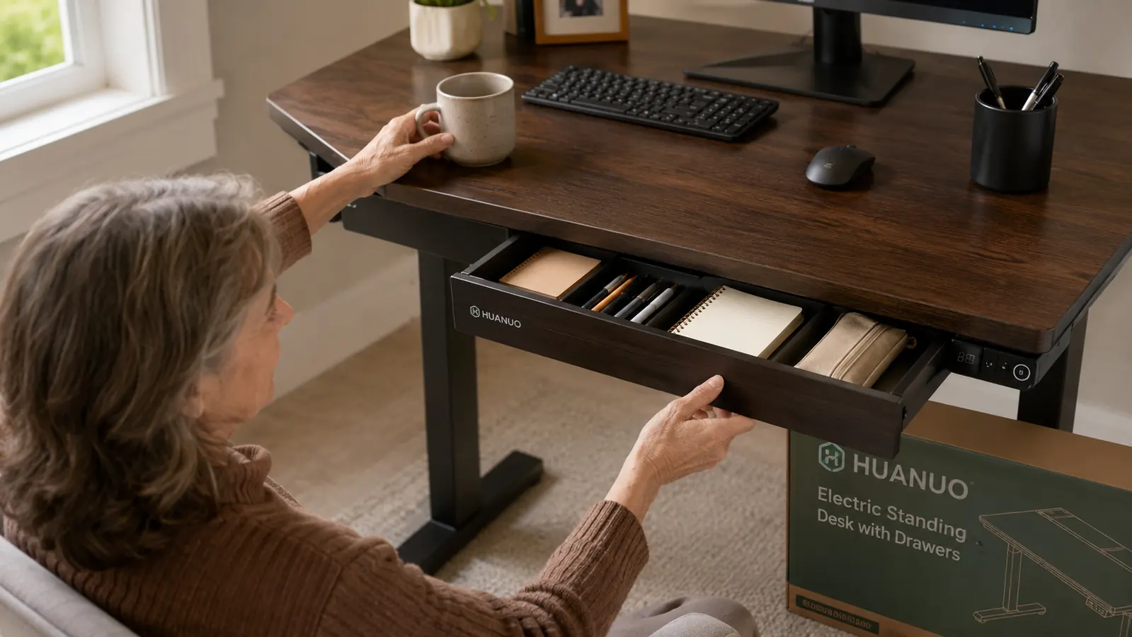 The two built-in drawers of the HUANUO standing desk partially open, showing organized office supplies inside