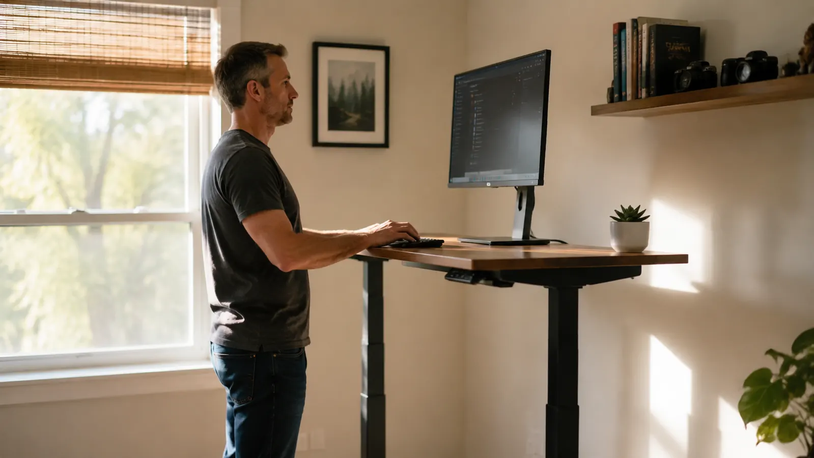 A home office corner bathed in morning light, standing desk at full standing height with a monitor at eye level and a clear, uncluttered desktop