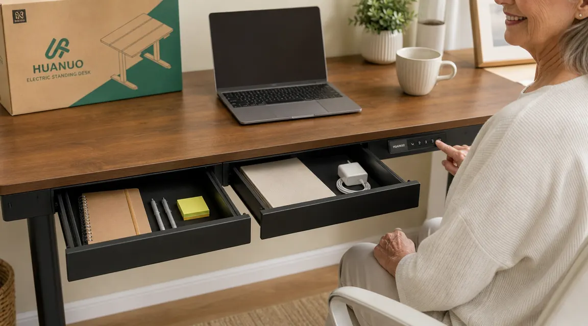 The HUANUO desk drawers open, showing organized notebooks, pens, and a small power strip inside