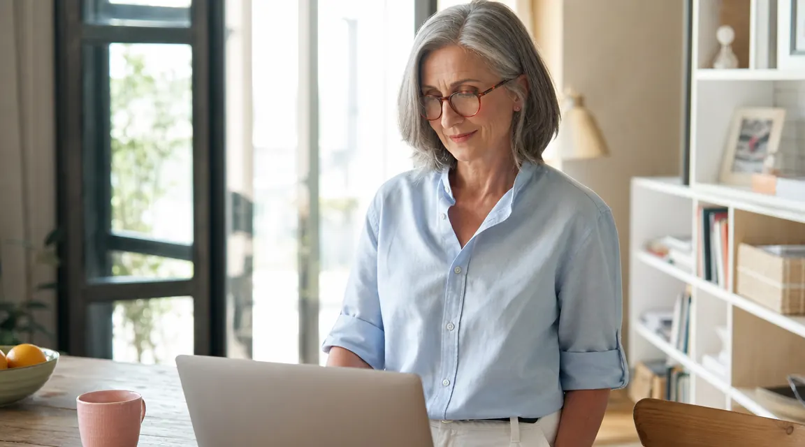 A woman standing at her home office desk looking relaxed while working on a laptop