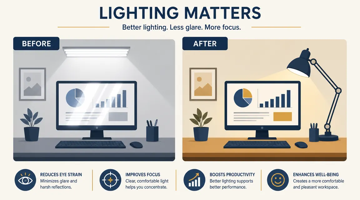 Side-by-side view of a harsh overhead-lit desk on the left versus the same desk lit only by a warm architect lamp on the right, showing reduced glare on a monitor screen