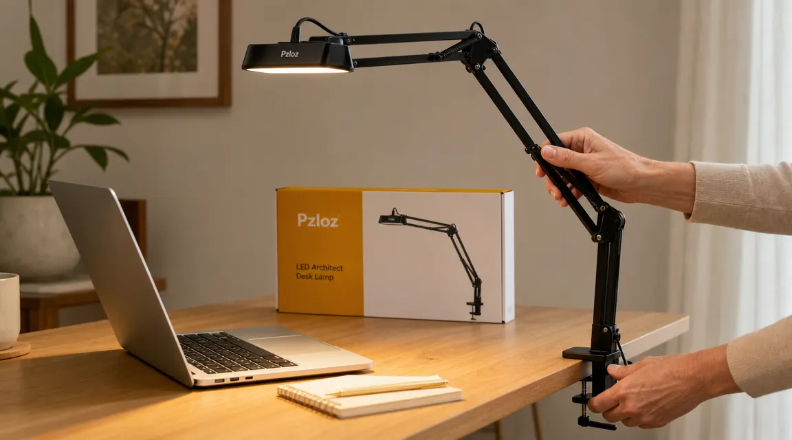 Hand adjusting the articulating arm of the Pzloz desk lamp over a keyboard