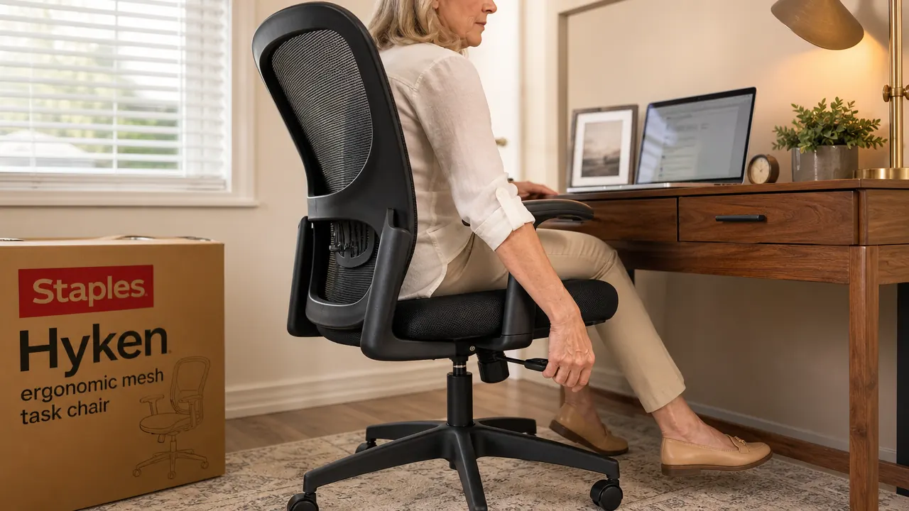 A person adjusting the seat height lever on the Staples Hyken ergonomic chair, shown from the side