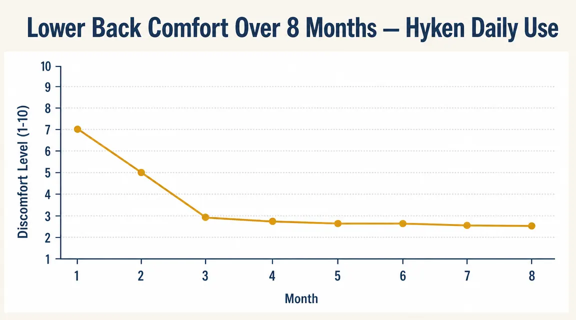 Chart showing comfort and back pain levels over eight months of using the Staples Hyken chair