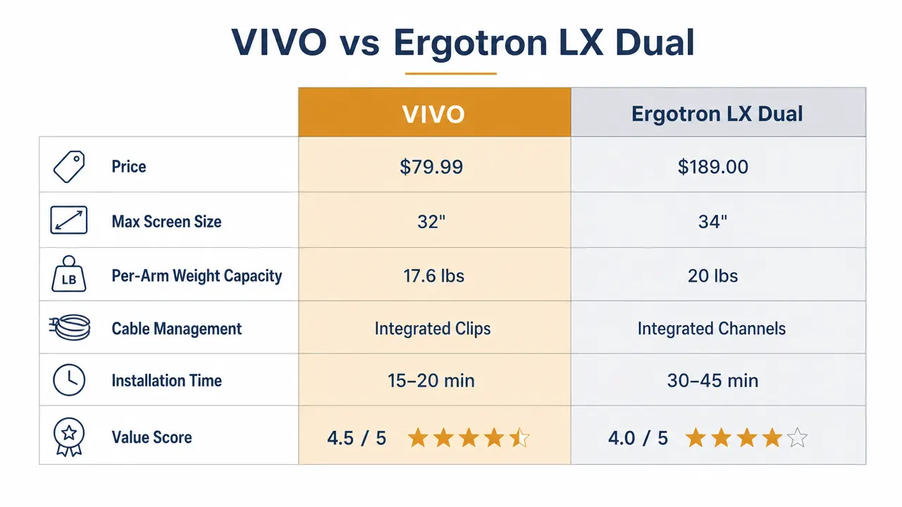 Comparison chart showing VIVO versus Ergotron LX Dual on price, weight capacity, adjustment range, and value