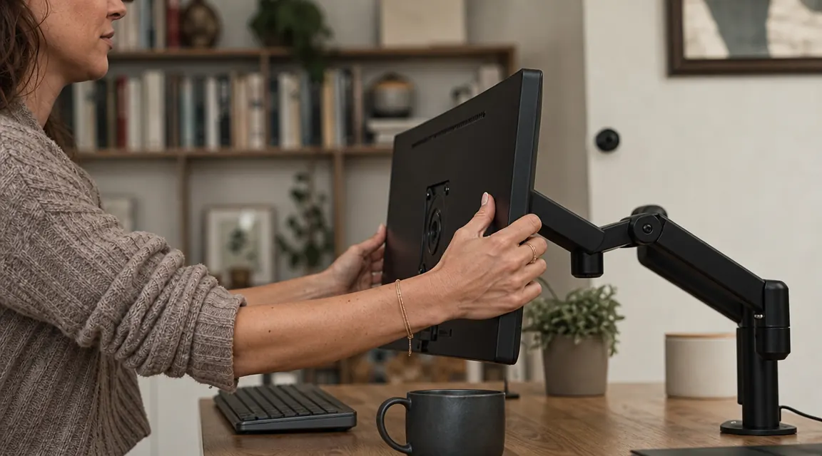 Person adjusting monitor height on a dual monitor arm setup at a home office desk