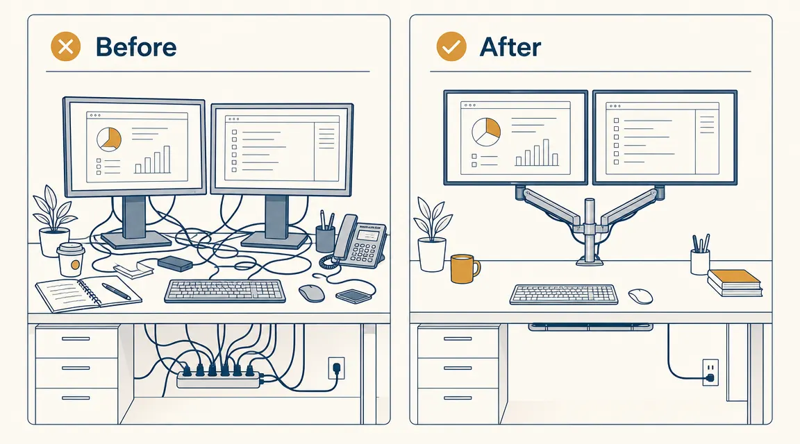 Before and after comparison of a desk cluttered with monitor bases versus the same desk cleared and organized after mounting monitors on an arm