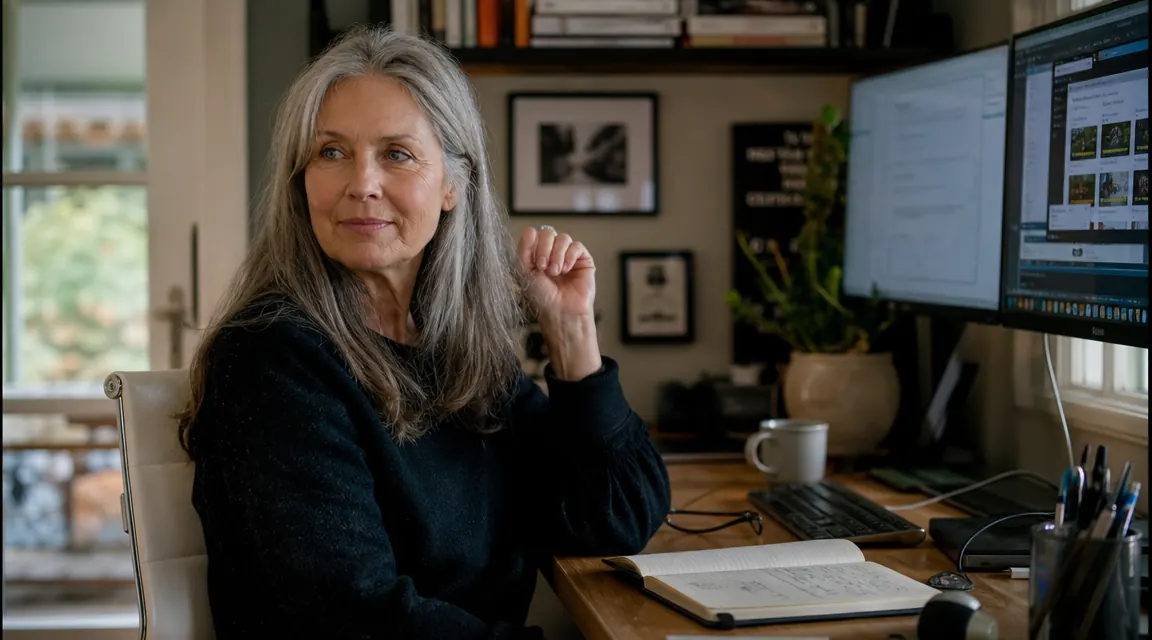 Woman sitting at a clean home office desk with two mounted monitors at proper eye height, good posture, relaxed expression